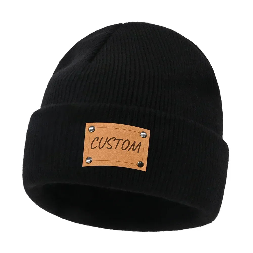 Personalized Knitted Beanie w/Leather Patch