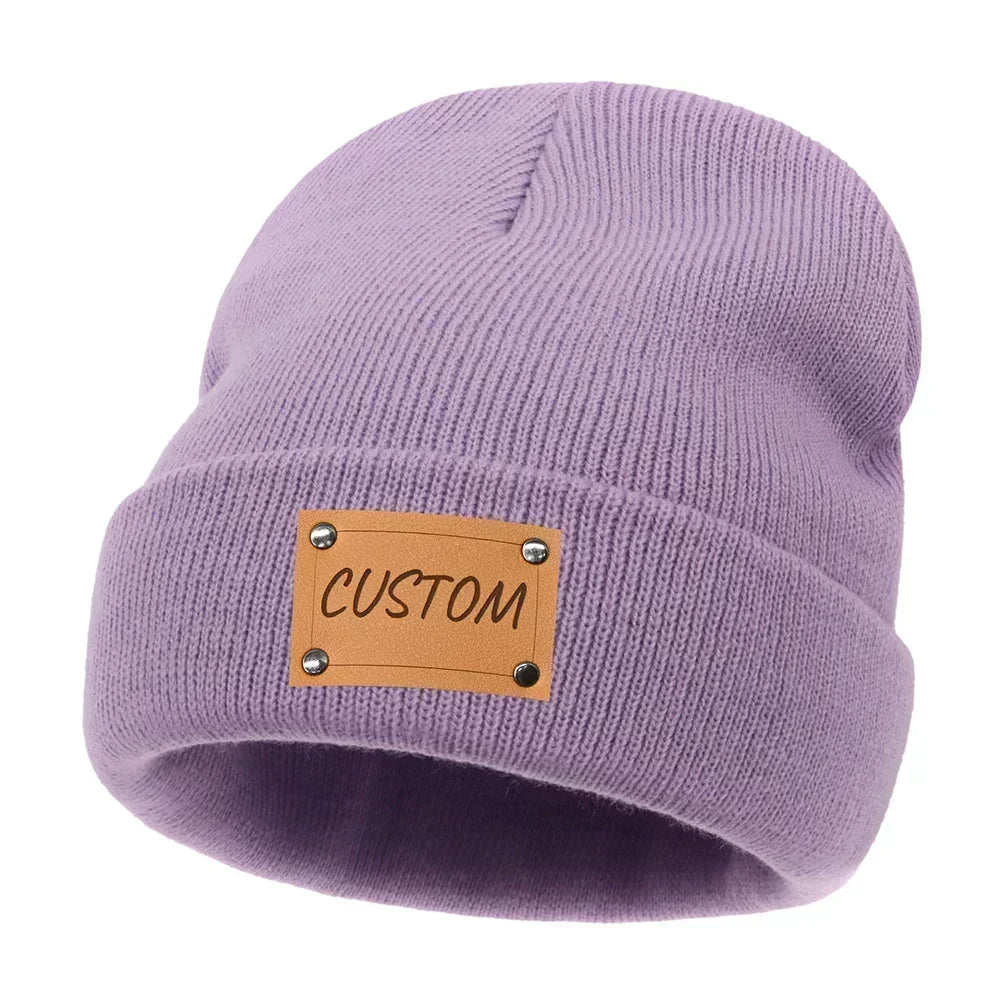 Personalized Knitted Beanie w/Leather Patch