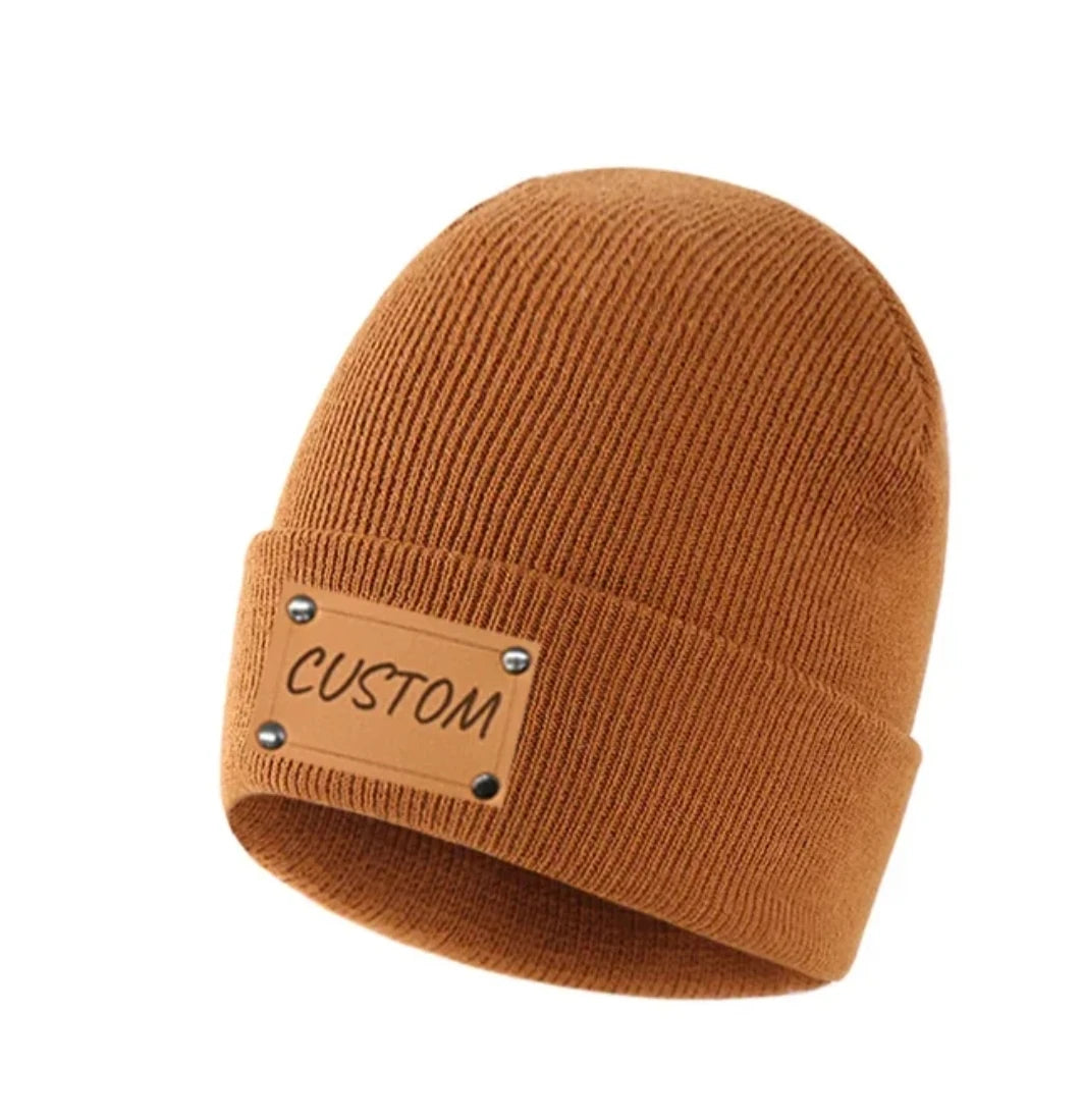 Personalized Knitted Beanie w/Leather Patch