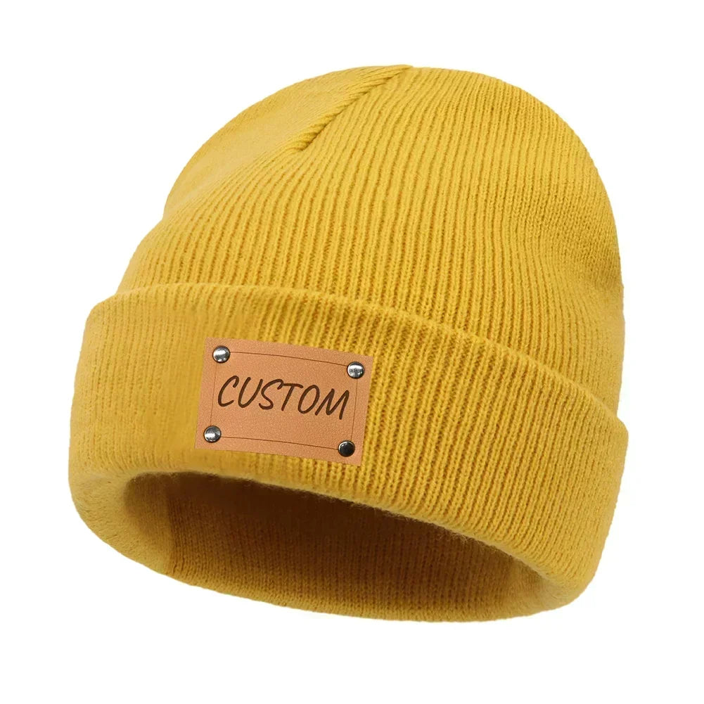 Personalized Knitted Beanie w/Leather Patch