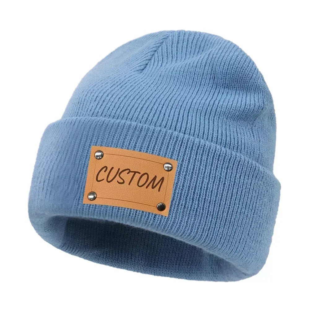 Personalized Knitted Beanie w/Leather Patch