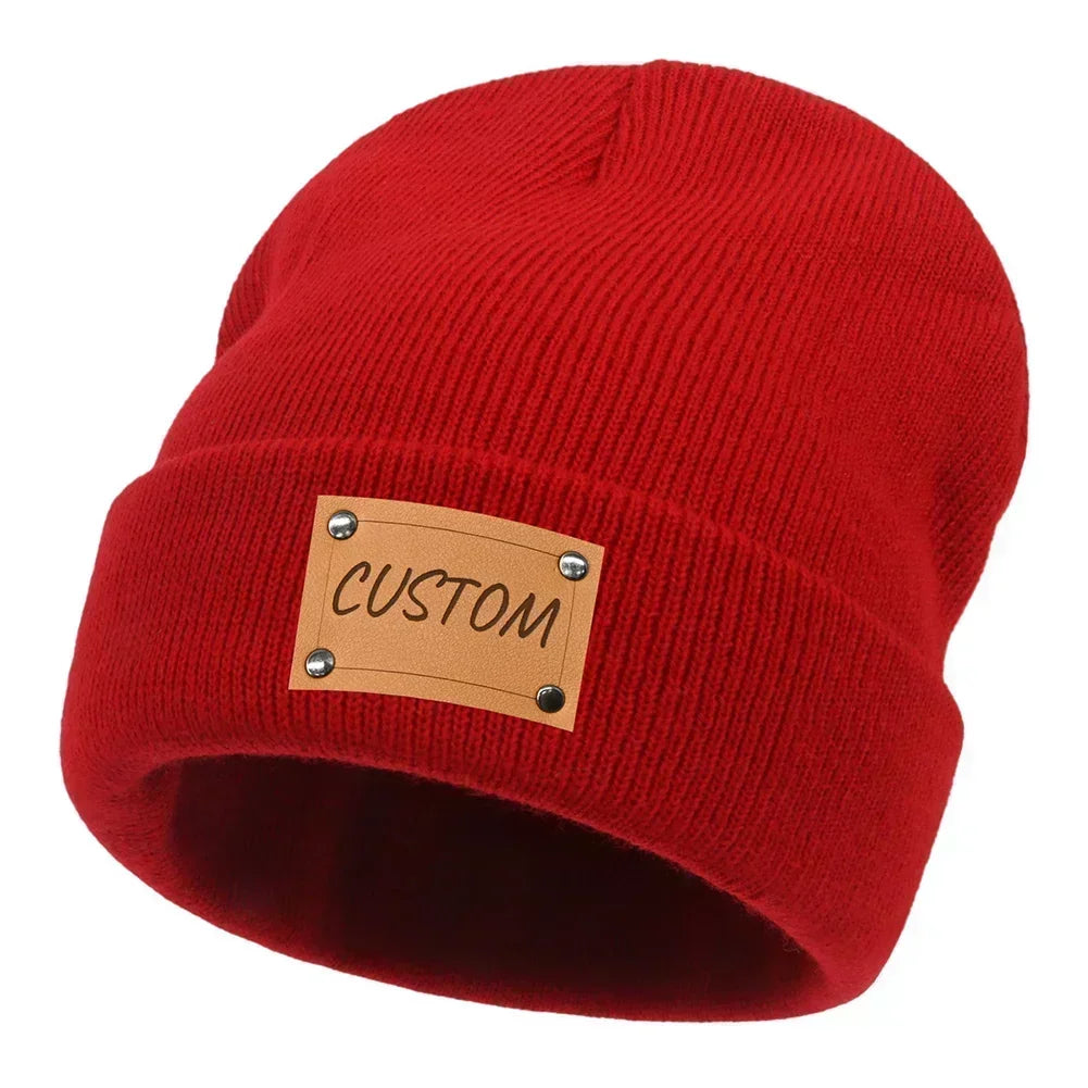 Personalized Knitted Beanie w/Leather Patch