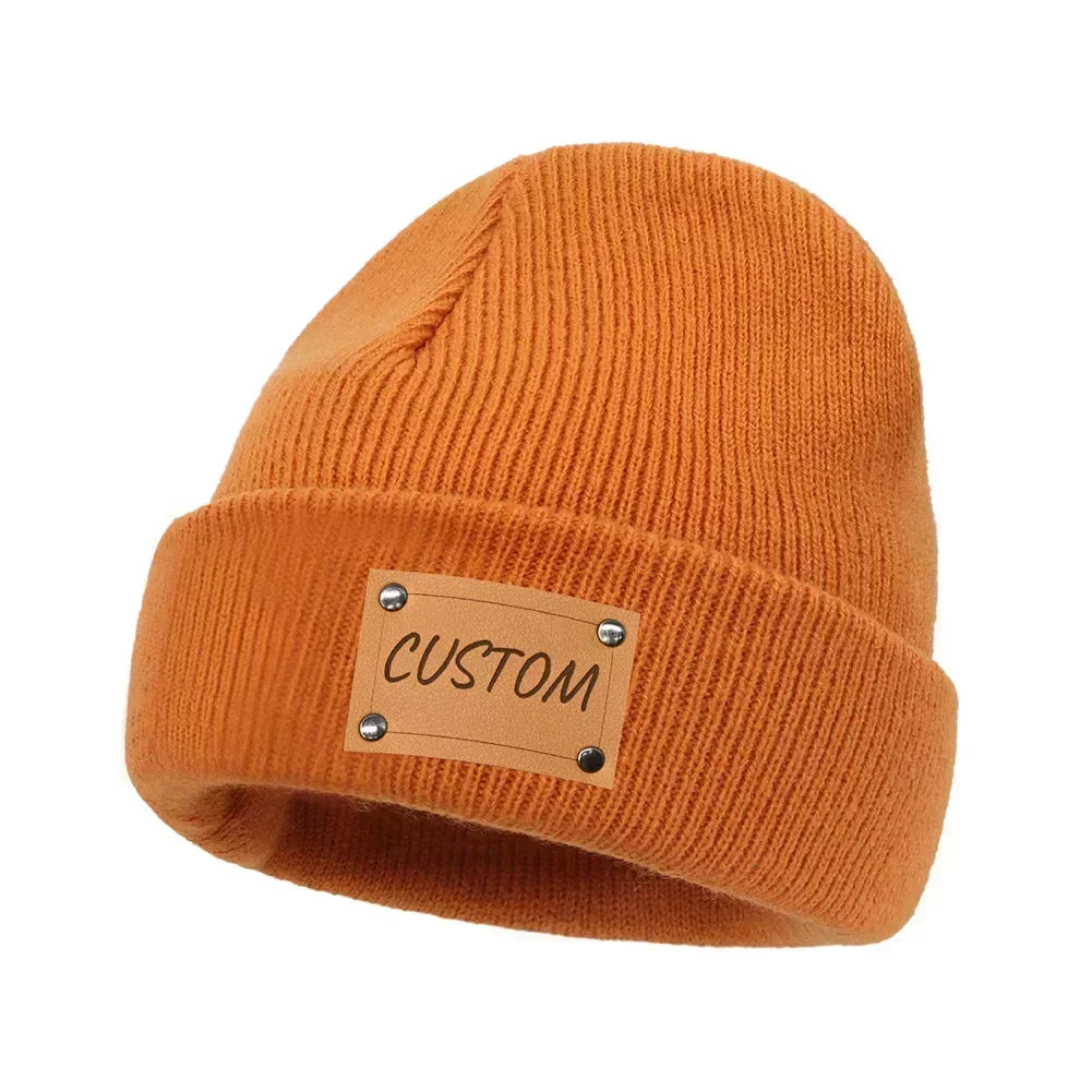 Personalized Knitted Beanie w/Leather Patch