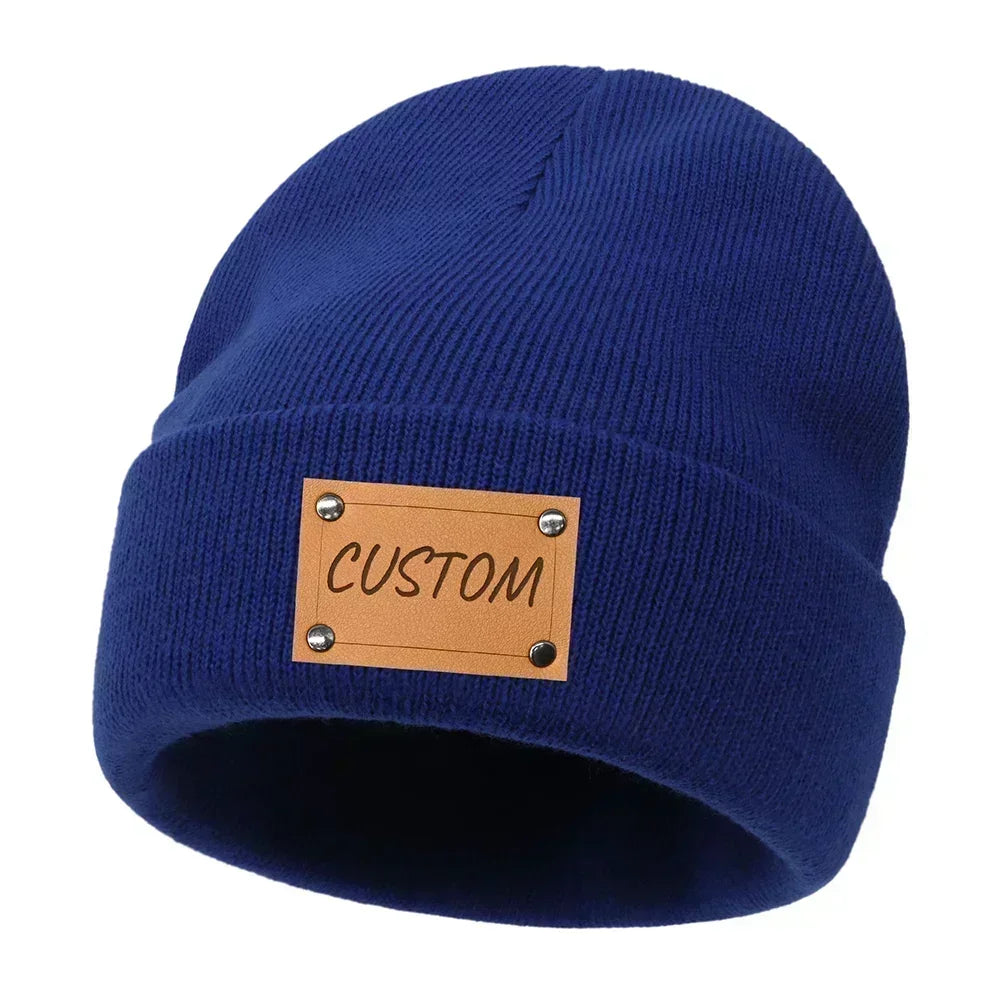 Personalized Knitted Beanie w/Leather Patch