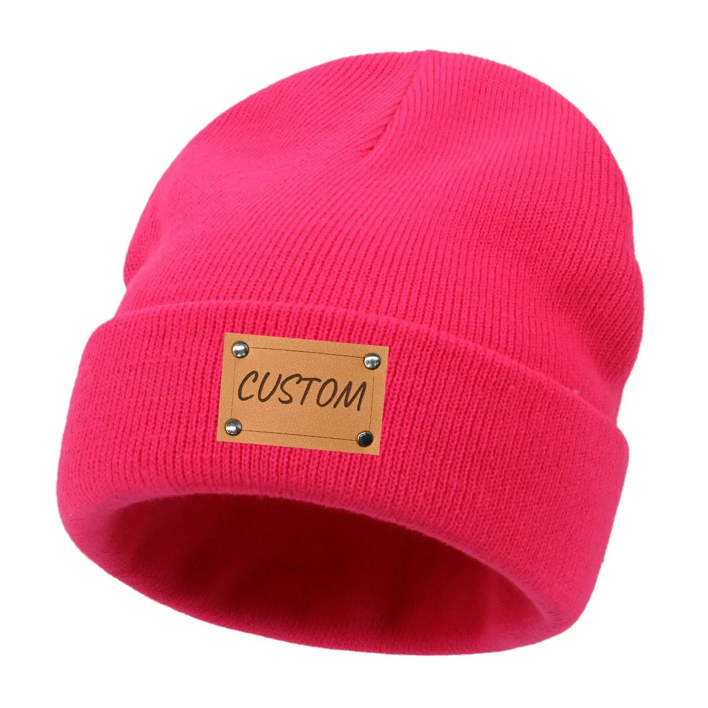 Personalized Knitted Beanie w/Leather Patch