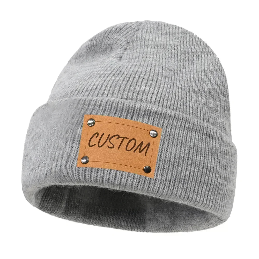 Personalized Knitted Beanie w/Leather Patch