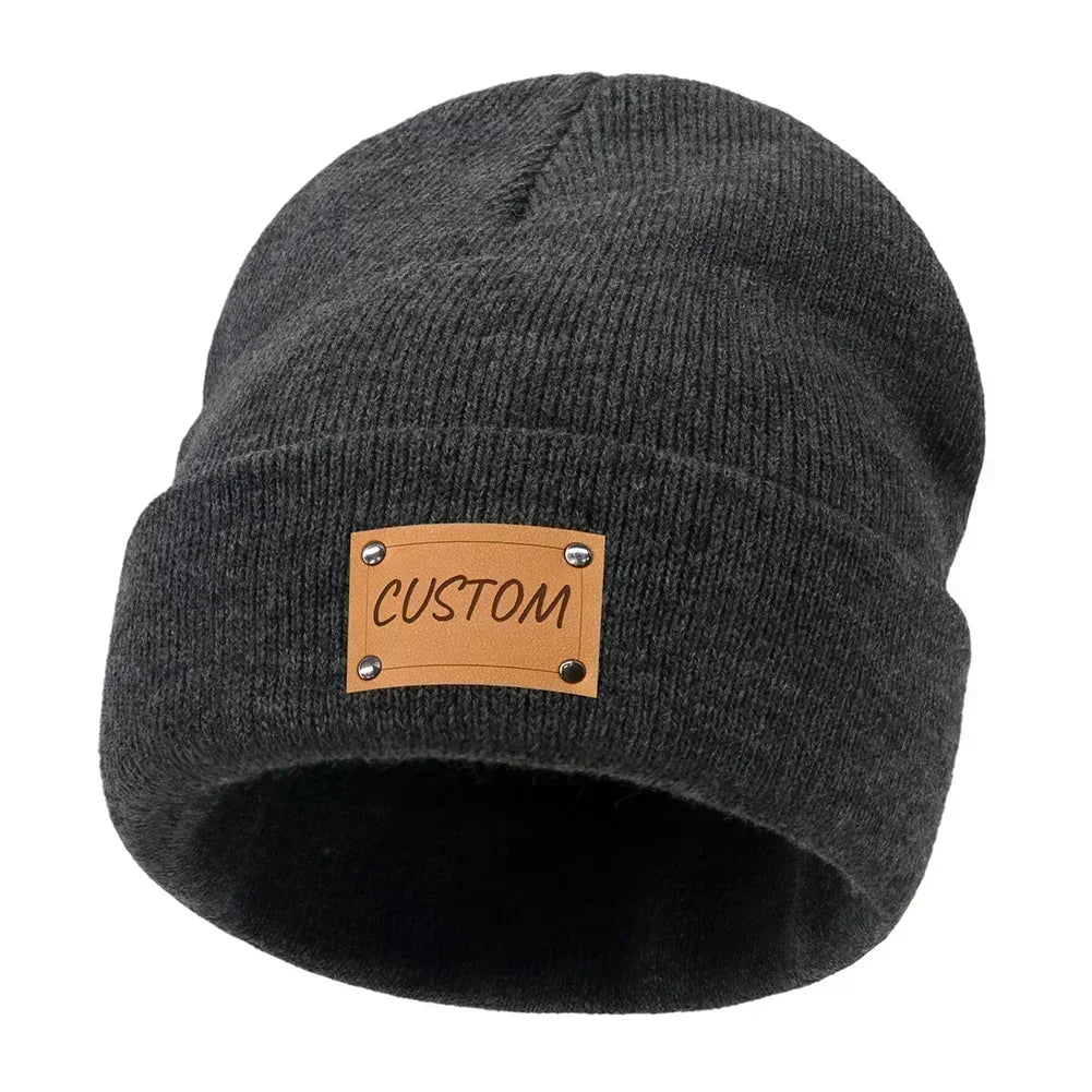 Personalized Knitted Beanie w/Leather Patch