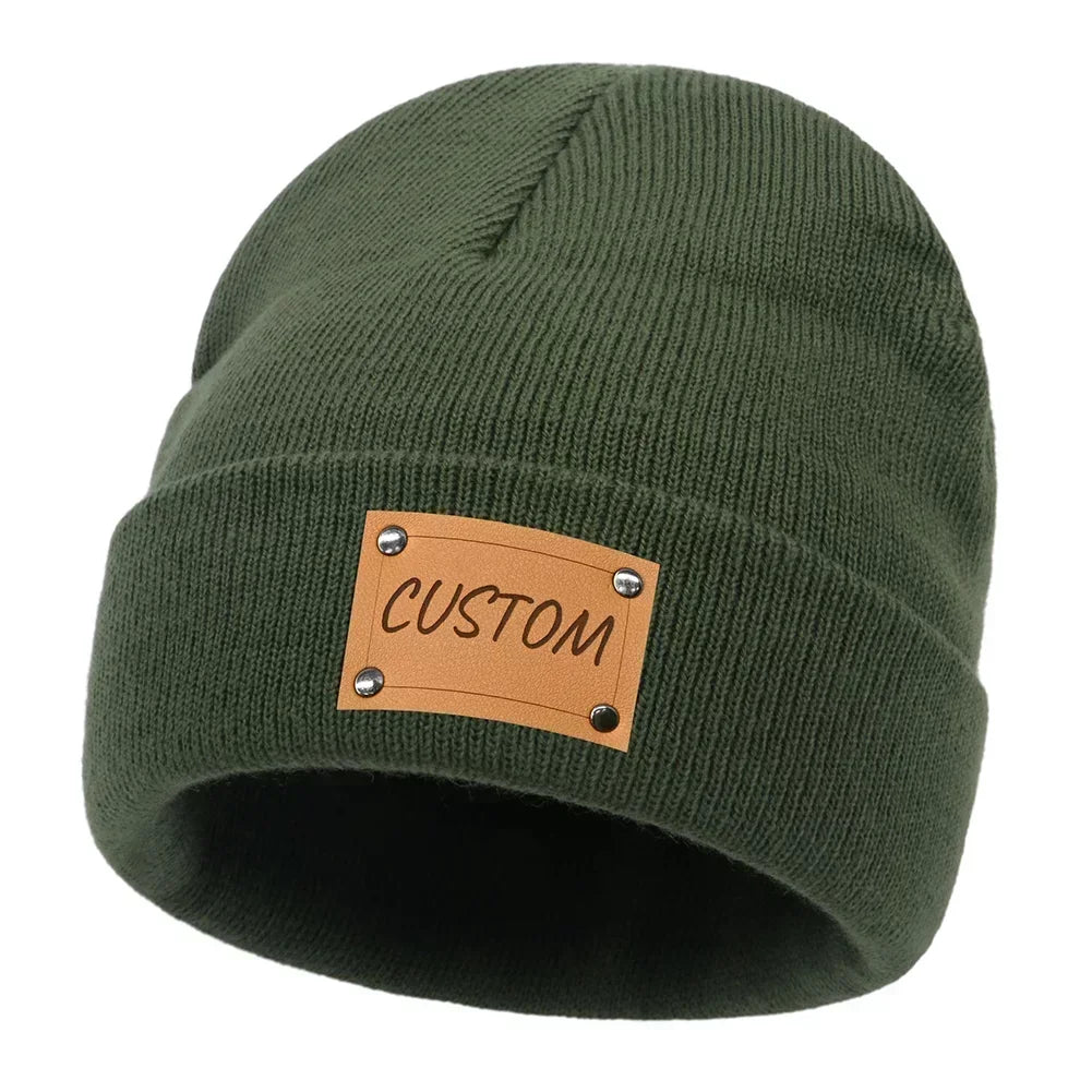 Personalized Knitted Beanie w/Leather Patch