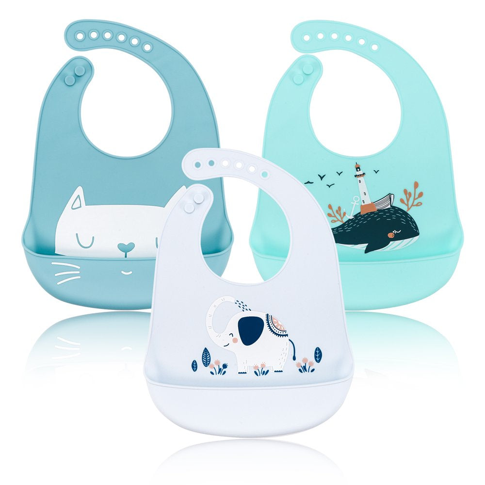 3 Pack Silicone Baby Bibs, Soft Silicone Feeding Bibs with Food Catcher Pocket, Waterproof, BPA Free