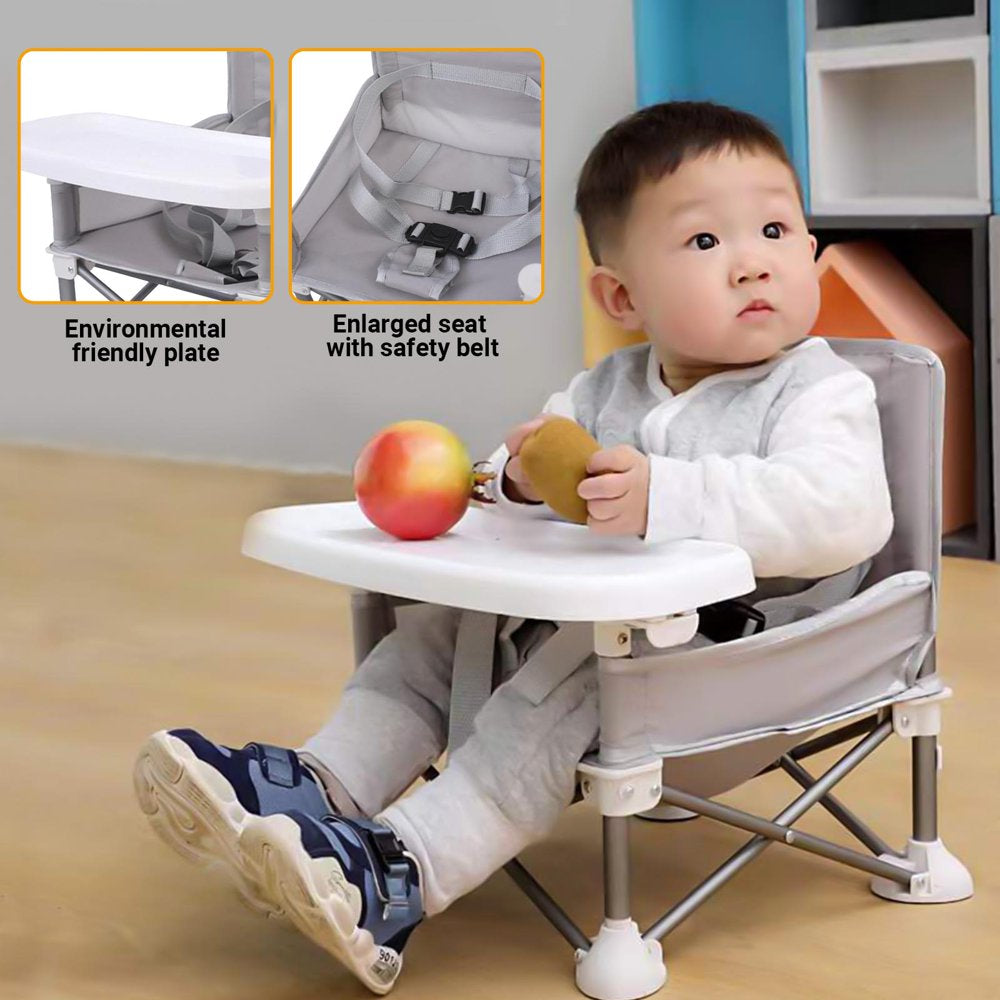 Baby Booster Seat, Portable Baby Seat with Tray for Indoor & Outdoor Eating, Foldable Baby Chair for Boys Girls, Grey