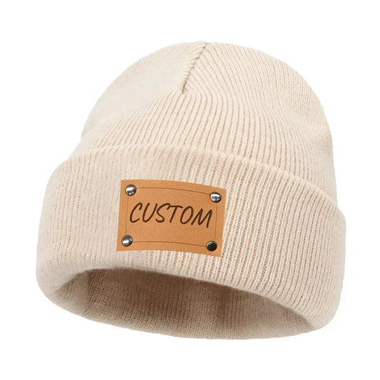 Personalized Knitted Beanie w/Leather Patch