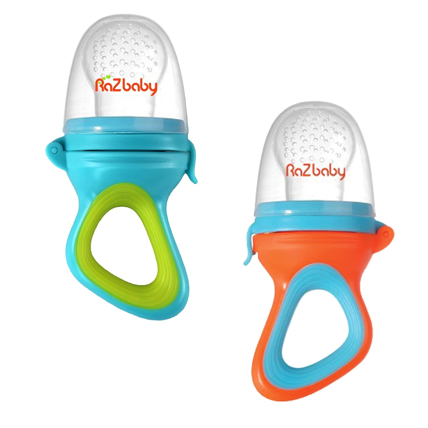 Baby Solids/Frozen Fruit Feeder Pacifier, Infant Teether Toy 6M+, Bpa-Free Silicone Pouch & Nipple, Safely Introduce Solids, Teething Relief, Dishwasher Safe, 2-Pack – Orange/Blue + Green/Blue